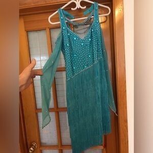 Latin fringe dance dress with stones and body built in